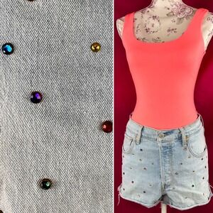 Levis Premium Ribcage‎ Denim Jean Shorts Rainbow Rhinestone Light Wash Size 31 L